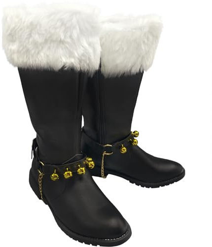 JUNQIAKO Men's Christmas Santa Claus Boots Halloween Costume Black Red Boots Wide Calf with White Fur Shoes