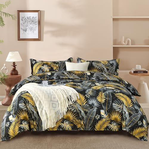 DJY Floral Duvet Cover Set King Size - Tropical Palm Leaf Design, 3-Piece Microfiber Black Bedding Set - Wrinkle-Resistant & Breathable Design with Hidden Zipper (King, 220x230cm)
