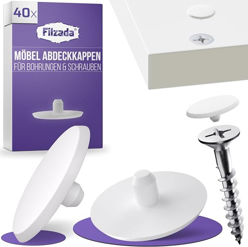 Filzada® 40x Möbel Abdeckkappen für Schrauben - Rund - 13 x 3 mm - Schraubenabdeckung Weiss - Kunststoffkappen für Schrauben - Lochabdeckung Weiß