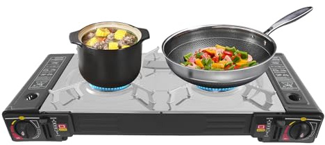 Réchaud de camping avec cartouche de gaz, barbecue de table à 2 brûleurs 2500 W, mini barbecue à gaz, noir, portable pour le camping, l'extérieur et l'intérieur, nettoyage facile