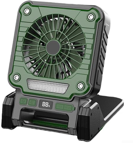 Durashmall Ventilatore solare portatile con luce COB, 3 velocità, ricaricabile, da campeggio, con USB-C, ricarica rapida per camper, tenda, pesca, emergenze (verde)