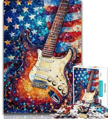 Jigsaw Puzzle 1000 Pieces for Teenagers American Flag Guitar 1000 Pieces for Teenagers,Quiz Game Wall Decoration Unique Birthday And Xmas Gifts (size 38x26cm)