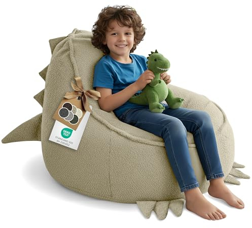 DreamRoots Sitzsack Kinder Bouclé, Dino Form, Kindersessel, Beige | 315 g/m², OEKO-TEX, mit Schaumstoffflocken, Sessel Kinderzimmer, Waschbarer Bezug