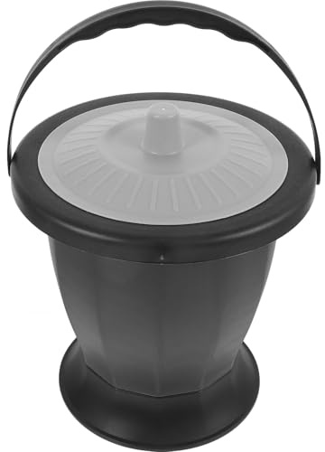 SOPOTUTU Portable Adult Urine Pot with Lid, Plastic Spittoon Chamber Pot for Elderly and Pregnant Women, Bedroom Urinal Bucket with Handle, Black Body and Moon Grey Cover, Bedside Commode