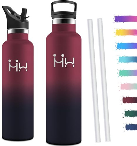 Motswedi Gourde Isotherme 1l, avec Paille, Bouteille Isotherme, Anti-Fuite, Thermos, Poignée de Transport, Gourde Inox, Réutilisable, Thermos 1l pour Voyage, Camping, Sport, Gym, Rouge & Noir