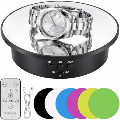 Drehteller Elektrisch, 25cm Drehscheibe mit Fernbedienung, 6 Hintergründen, 3 Geschwindigkeit, 90°/180°/360° Rotation,Tragkraft 8kg, Motorisierter Drehteller für Produktfotografie & Live-Video