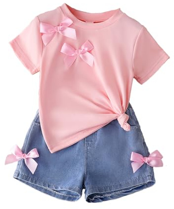 Eqenkely Conjunto Ropa para Niña Tee Shirt de Manga Corta y Pantalones Cortos Vaqueros Traje de Verano Conjuntos Moda Ocio dos Piezas para Niño Rosa 7 Años