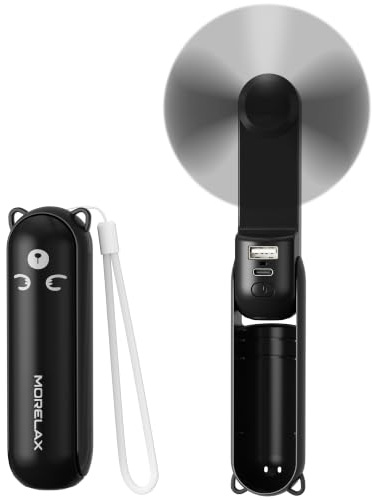 Morelax Mini Ventilador Portátil 3 en 1 Recargable Ventilateurs de Poche | Ventilador Frío USB con Batería Externa, Linterna LED - Plegable de Bolsillo para Viajes y Emergencias en Exteriores (Negro)