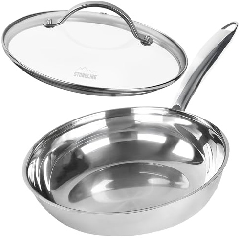 STONELINE PURE Sartén de acero inoxidable 20 cm, sartén con tapa, sartén de acero inoxidable sin recubrimiento, apta para lavavajillas, apta para horno, apta para todo tipo de cocinas e inducción