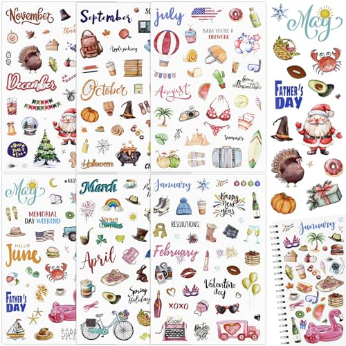 Alethron 6 Blätter Sticker Jahreszeiten Set, 205 Aufkleber Jahreszeiten Fotoalbum Sticker Frühling Sommer Herbst Winter Journal Aufkleber für Fotoalbum Bullet Journal Scrapbook Kalender Basteln