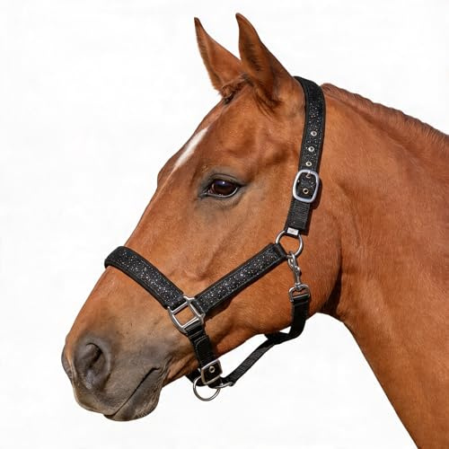 Pferdelinis Halfter für Pferde Glitzerhalfter, gepolstertes Halfter, verstellbare Dornschnallen, Halfter Pony, Cob, Warmblut, Shetty (Schwarz, Cob Vollblut)