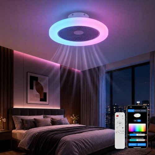 LEOEU Deckenventilator mit Beleuchtung Ø50 cm, Deckenventilator mit Licht Dimmbar, RGB Deckenleuchte mit Ventilator, 6 Windstufen, APP & Fernbedienung, Timer, Leise für Schlafzimmer