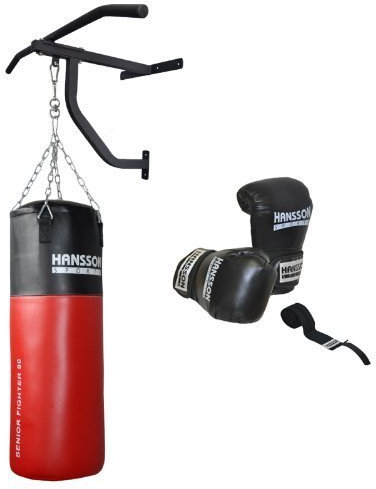 Hansson.Sports Boxsack Sandsack gefüllt 25KG 80cm m. Wandhalter & Klimmzug Boxhandschuhe 14OZ Bandage