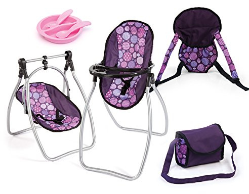 Bayer Design 7729400 - Zubehör-Set mit Sitz Tragegurt Tasche und Essgeschirr Pflaume für Puppen, 46 cm