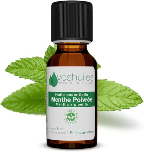 VOSHUILES - Huile Essentielle de Menthe Poivrée - 125ml - Distillation Intégrale à la Vapeur - Flacon Verre Ambré avec Bouchon Sécurité et Compte-Gouttes