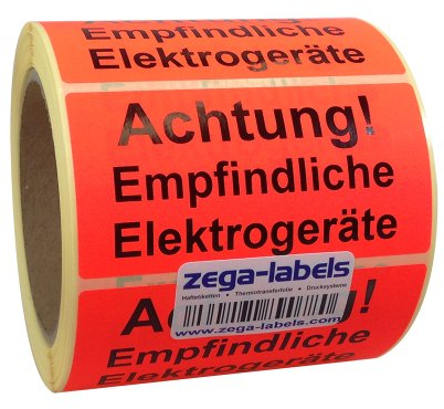Warnetiketten auf Rolle - Achtung Empfindliche Elektrogeräte - 500 Stück je Rolle - 100 x 50 mm - Leuchtrot Haftpapier stark haftend - Versandaufkleber