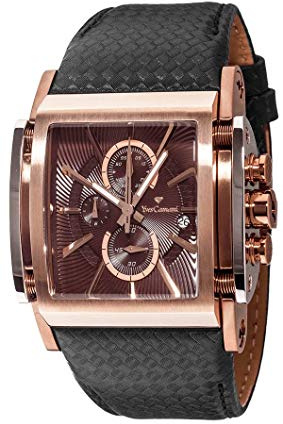 Yves Camani ESCAUT Herren-Armbanduhr Chronograph Analog Quarz Edelstahl-Gehäuse (Leder - Schwarz/Rosegold)