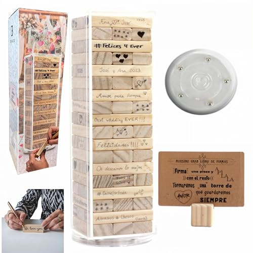 Libro di firma originale in blocchi di legno - alternativa per matrimoni, comunioni ed eventi - Torre dei ricordi con 54 pezzi, scatola acrilica, base con messaggio e base girevole.