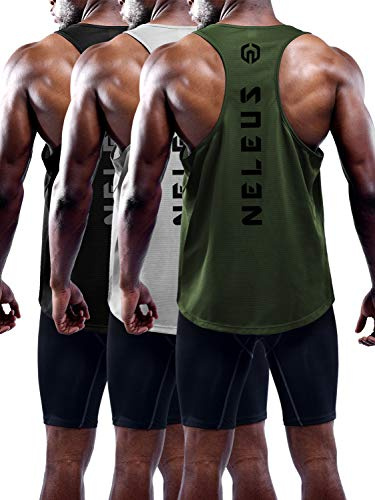 NELEUS Men's 3 Pack Dry Fit Y-Back Muscle Tank Workout Gym Shirt,5031,Black,Grey,Olive Green,L