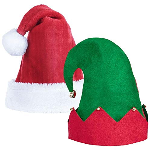 Yoklili Christmas Santa Elf Hat Set, Felt Elf Hat with Jingle Bells Ears for Adults Christmas Tree Hat 2 Pack