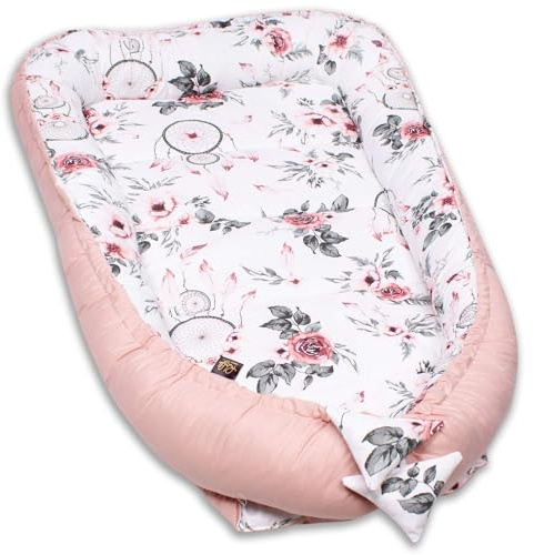 PaLulli 120x60 cm Babynest Babynestchen XXL Babykokon 2seitig 100% Baumwolle Kissen Nestchen für Babybett Reisebett für Baby und Säugling Feathers (Roses)