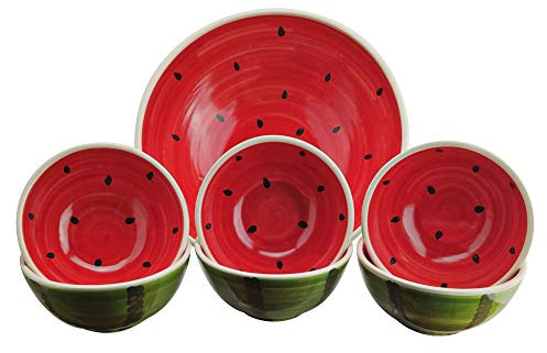 Gónfer - Juego 6 Cuencos 14 cm y 1 Bol Grande 27 cm Pintados con Forma de Sandía de Cerámica Artesanal para Desayuno Fruta Ensalada Aperitivo Postre - Fabricado a Mano