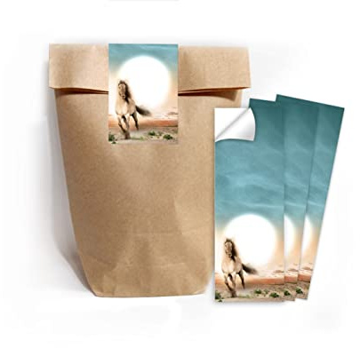 Junapack 12 Geschenktüten (Natur) + 12 Aufkleber Pferd für Mitgebsel Gastgeschenk beim Kindergeburtstag Mädchen