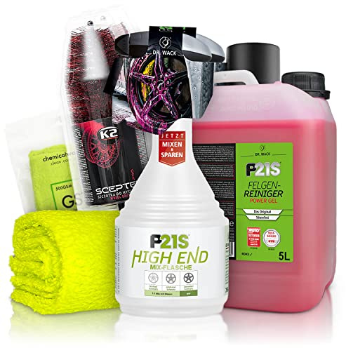 Felgenreiniger Set: Dr. Wack P21S POWER GEL Felgen Reinigung + Dr. Wack Mix-Flasche + K2 PRO Felgenbürste + ChemicalWorkz Premium Mikrofasertuch 500GSM | 4-teilig
