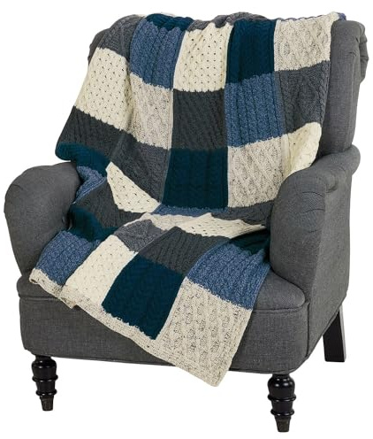 Aran Woollen Mills Irish Blanket 100% Merino Wool Patchwork Knit Throw 60x40 Made in Ireland