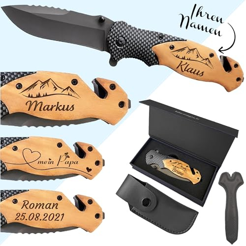 KDO MAGIC Couteau de survie personnalisé - Prénom gravé - Lame de sécurité personnalisable - Manche en bois gravé - Effet carbone - Cadeau Saint-Valentin -Idée cadeau homme anniversaire