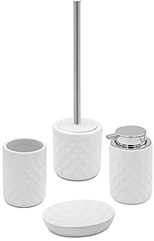 Inbagno Set Bagno Accessori Completo – 4 Pezzi, Kit Accessori appoggio Ceramica, Include Dispenser, portaspazzolini, portasapone e scopino WC, Linea Cristal