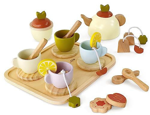 Little Log Wooden Tea Set Toys Kids Play Kitchen Accessories Tea Party Set for Children Pretend Play Wooden Food Toys for Girls Boys 3 Years and Up