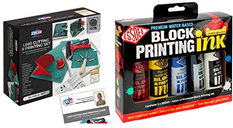 Lino Cutting & Printing Starter Kit (30-pieces). Includes Starter Booklet! & Essdee Premium Quality Block Printing Ink (Pack of 5 Primary Colours),19 x 18 x 4 cm