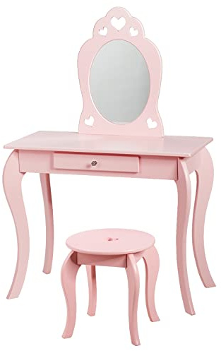 Maxmass Kids Vanity Table and Stool, 2-in-1 Children Dressing Table Set with Removable Mirror & Drawer, Wooden Princess Makeup Desk for Girls (Pink)