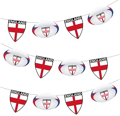 AK Giftshop England Rugby Flag Ball Bunting Party Decorations World Cup, Six Nations - 12pcs / 2.5m Ribbon