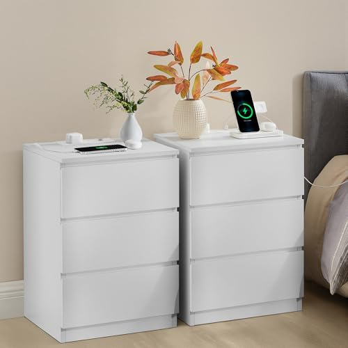 VASAGLE Bedside Tables with Power Strip, Set of 2 Side End Tables with Drawers, 2 AC Out LETs, 2 USB Ports, for Living Room, Bedroom, Study, Cloud White KAILYN Collection LET831W15