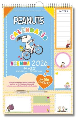 EURO PUBLISHING Calendario Agenda Peanuts 2026 14 mesi - Prodotto ufficiale - cm 29x44 (composto da penna, block notes, stickers e foglietti adesivi)