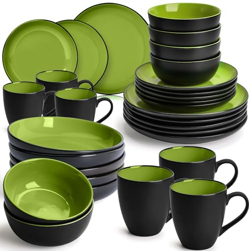 MIAMIO – 30-Piece, Service for 6 Dishware Set/Stoneware Dinnerware Set – Including Plates, Bowls and Mugs – Le Papillon Collection (Green)