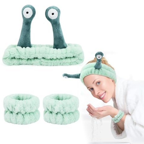 Bekecidi 3 Stück Spa Stirnband Handgelenk Waschbänder Set, Schnecke Flauschiges Makeup Haarband Armband für Gesicht Waschen Skincare Elastisch Handgelenk Kosmetik Stirnband für Frauen Mädchen (Grün)