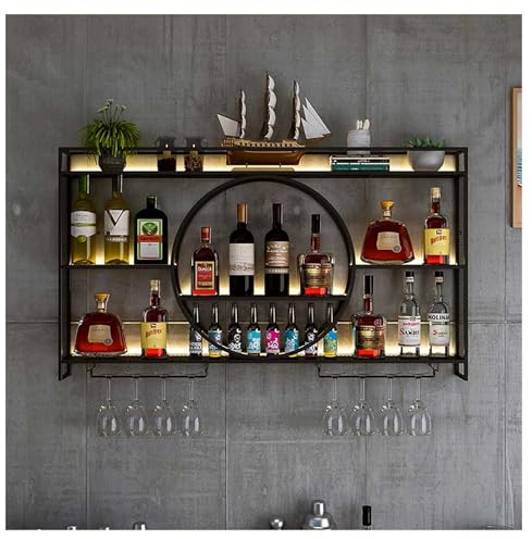 Weinregal Wand Metall Flaschenregal Schmal Wine Rack Bar Regal Wand mit LED-Lichtleiste und Weinglashalter Barschrank Minibar Vitrine Hängend Weinschrank Getränkeregal für Esszimmer Home Bar ( Color :