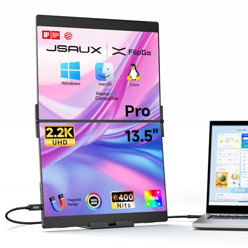 JSAUX FlipGo Pro 13.5 Extension Triple d’Écran pour Ordinateur Portable, 2.2K Double Moniteur Portable pour PC avec Design Magnétique, DisplayLink, HiDPI, Compatible avec Windows/Linux/macOS