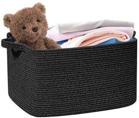 Cesta de almacenamiento, cesta para la colada con asas, cesta trenzada, cesta de lavandería trenzada, cestas de almacenamiento, cestas cuadradas, negro, 21,6 x 14,9 x 11,8 cm, contenedor organizador