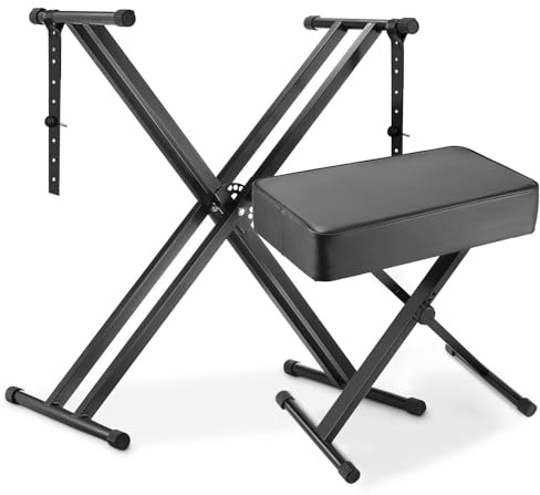 Soporte para Teclado Piano y Banqueta Piano Regulable, Soporte Teclado con Taburete Piano Plegable, Doble Marco en X,Cojín Grueso, Capacidad de Carga 100KG, Soporte para Piano con Taburete Piano,Negro