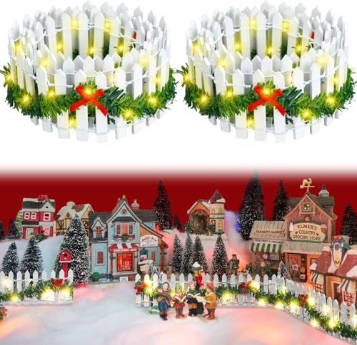 Spiareal 4 Pcs 35 Inch Christmas Village Accessories Christmas Village Fence Xmas Miniature Wood Decorative Garden Picket Fence with 4 Pcs 9.84 ft LED Light Dollhouse Landscape(White)