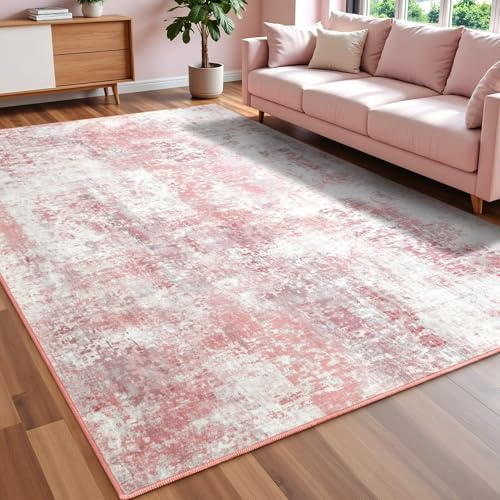 Macgace Moderner abstrakter Teppich für Wohnzimmer, 120 x 150 cm, maschinenwaschbar, mit rutschfester Unterseite für Schlafzimmer, weicher Bodenbelag, moderner Teppich für Esszimmer, Heimbüro, Rosa
