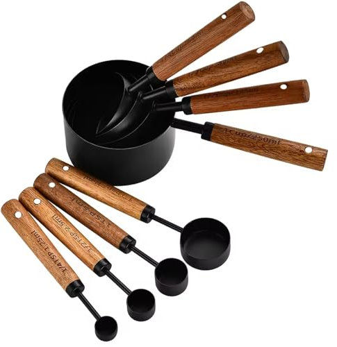 Conjunto de taza de medición y cucharas con escala de 8 piezas de acero inoxidable tazas de medición y cucharas con tazas de medición de madera con agujero colgante para cocinar cocinando.