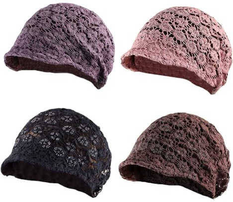 Chemo-Kappen mit Krempe, dünnes Blumenmuster, Spitze, lockere Beanie, weich, Stretch, Krebskopfwickel, Chemo-Kopfbedeckung für Frühling, Sommer, Herbst, 4 Stück