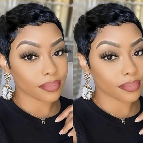 Perruque Pixie courte cheveux naturels femmes, Human Hair Glueless pixie Wig No Lace Front Wig with Bangs Natural Straight Hair Wigs couleur 1B