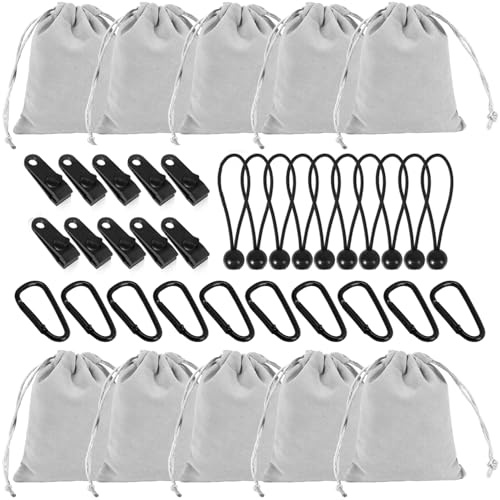 Frstem Tragbare Gewichtstasche für Vorhänge, Sandsack Pavillon Tischdecken Beschwerer Outdoor | 10 Sets Leinen-Gewichtstaschen, Klammern, D-Ringe & Elastikseile