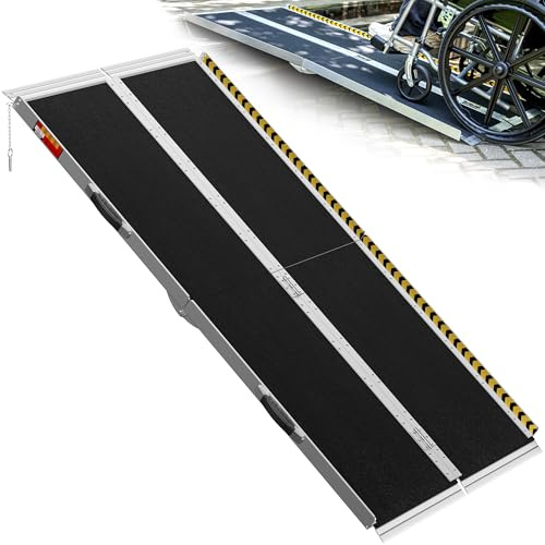 PURFINO Rollstuhlrampe 182CM, Belastbar bis 363KG, rutschfeste Aluminium Klappbar Rollstuhl Rampe mit Carborundum Belag für Stufen, Türschwelle, Bordsteine, Treppen und Autos